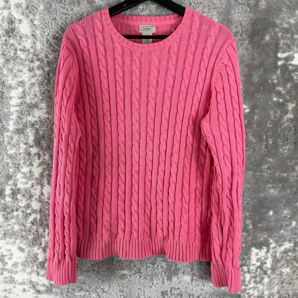 LL Bean Size L Cable Knit Cotton Classic Pullover Sweater Pink Long Sleeve Women